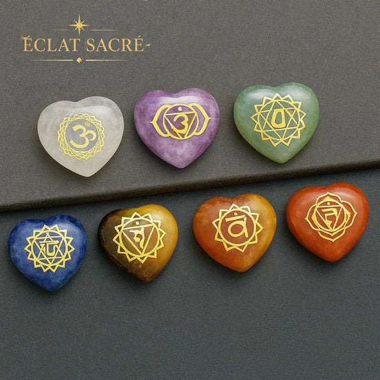 7 Pierres Naturelles en Forme de Cœur - Chakras & Énergie Reiki - Éclat Sacré