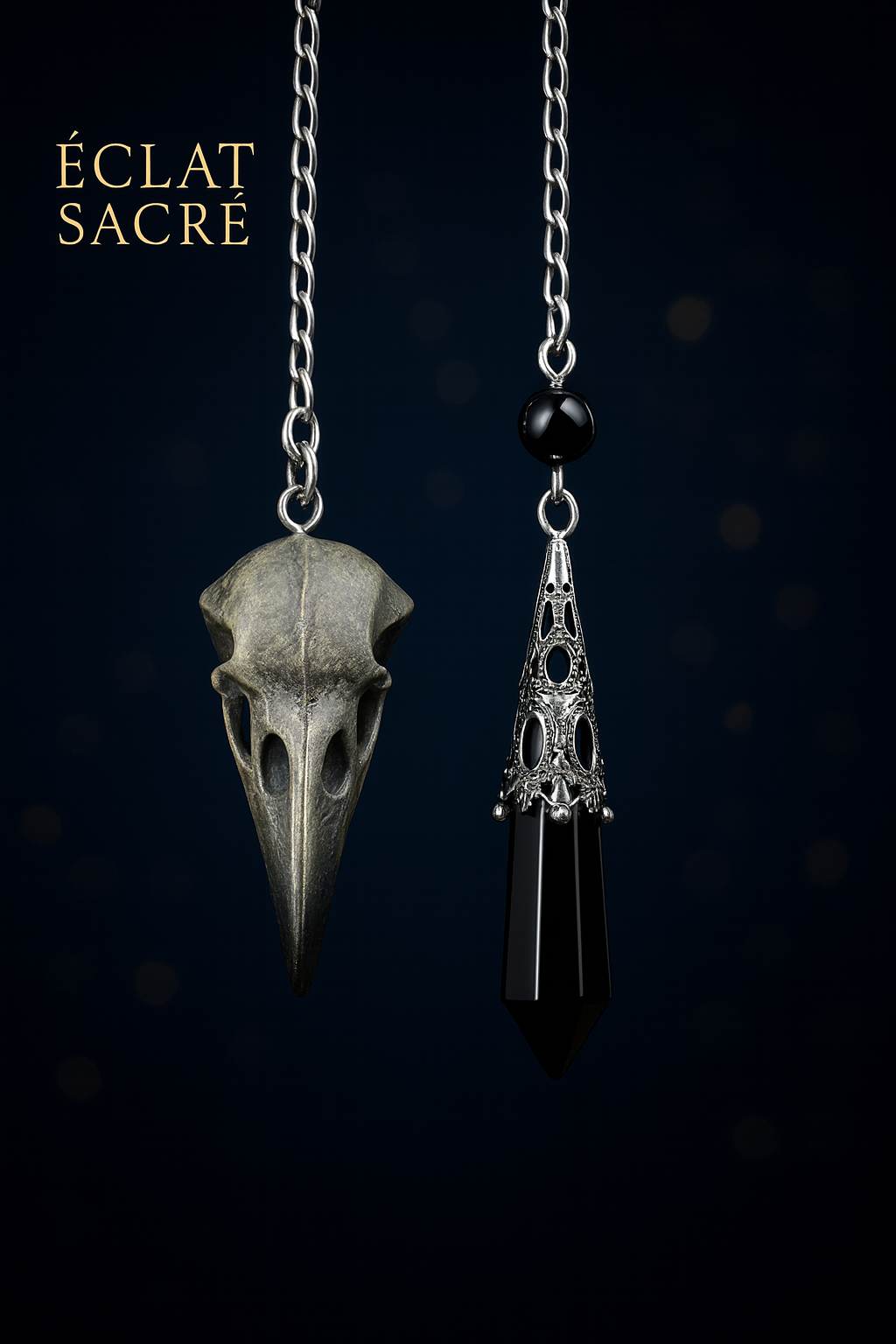 Pendule en Obsidienne Noire - Corbeau Vintage & Chaîne Ornée
