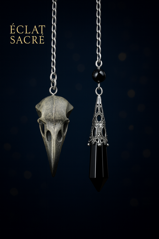Pendule en Obsidienne Noire - Corbeau Vintage & Chaîne Ornée