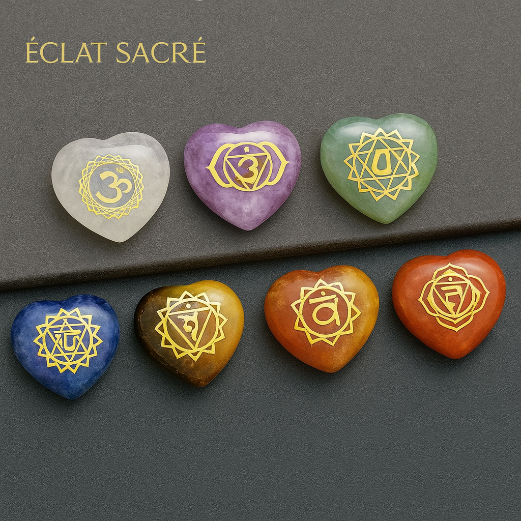 7 Pierres Naturelles en Forme de Cœur - Chakras & Énergie Reiki