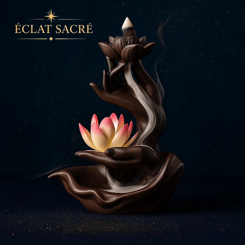 Brûleur d'encens à reflux main de Bouddha et lotus en céramique – Éclat Sacré