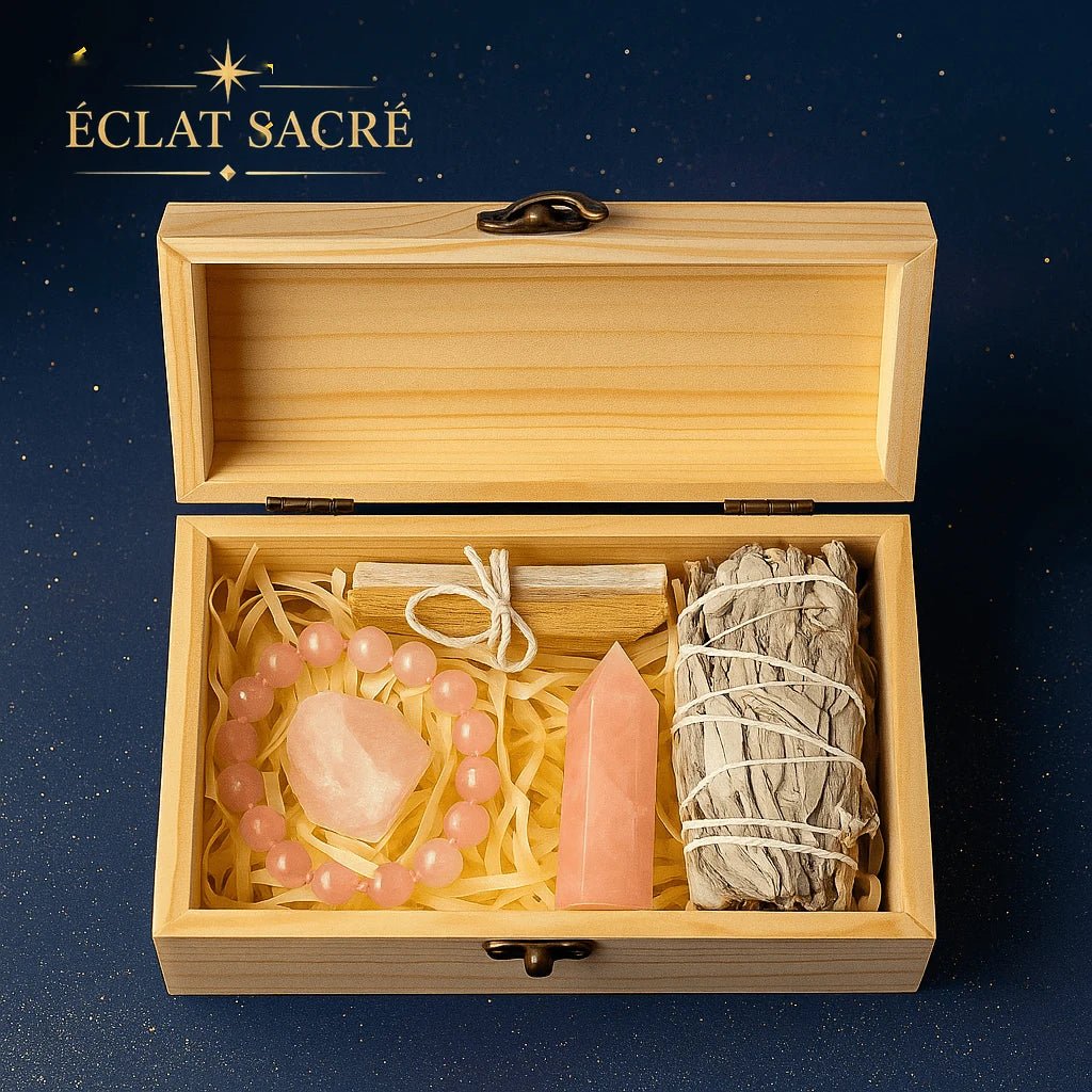 Coffret rituel de cristaux naturels, vue 2 – Éclat Sacré — vue 2