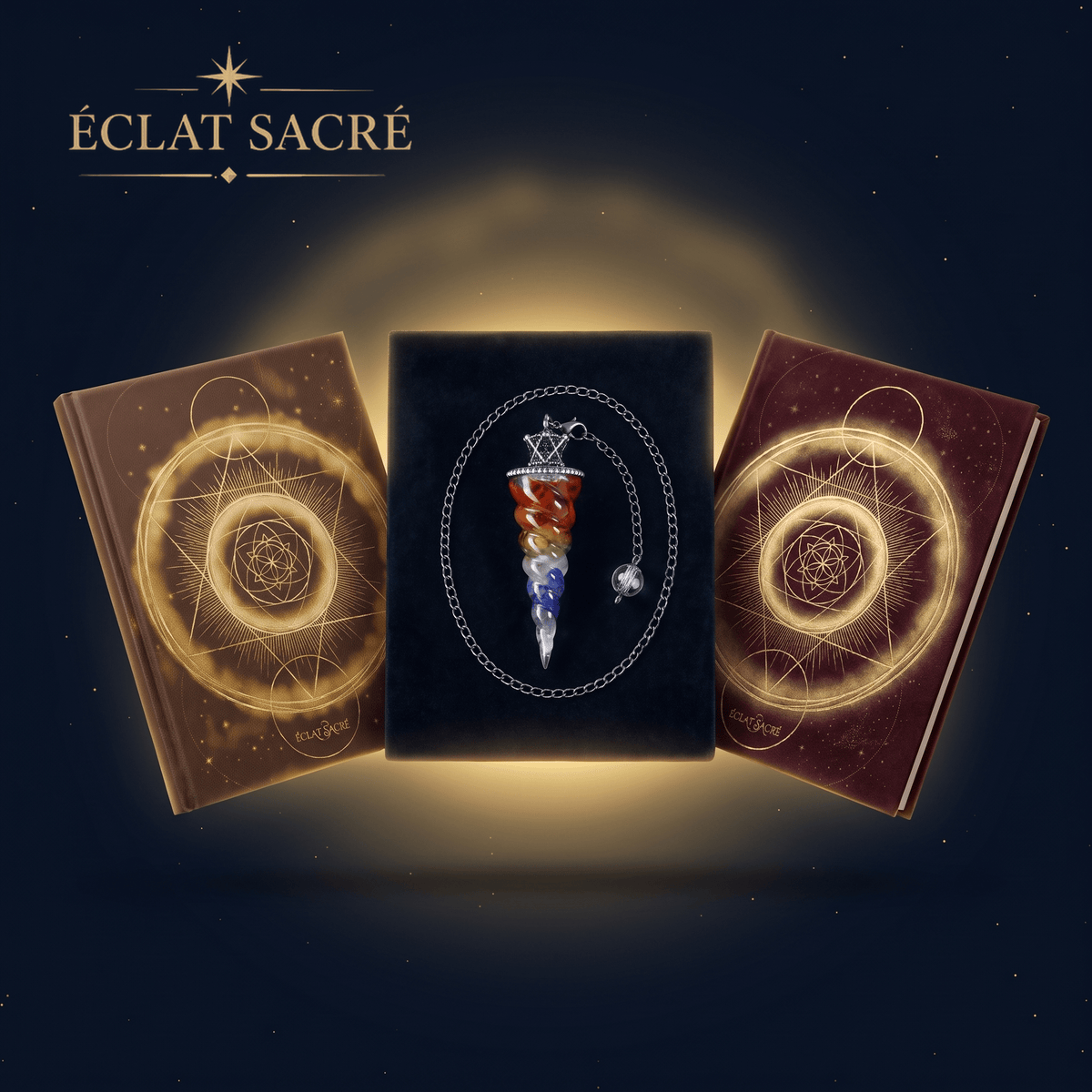 Coffret Rituel du Pendule - Pendule 7 Chakras, Formation Complète & Guide d'Intuition - Éclat Sacré