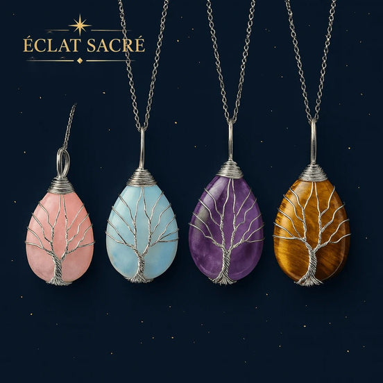 Collier arbre de vie avec pendentif goutte d'eau en pierre naturelle – Éclat Sacré