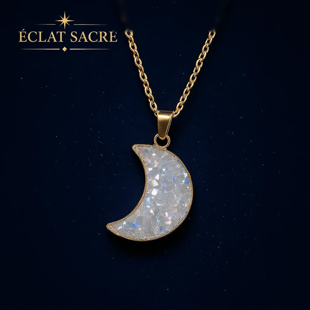 Collier lune en nacre naturelle et or, intuition et féminin sacré – Éclat Sacré