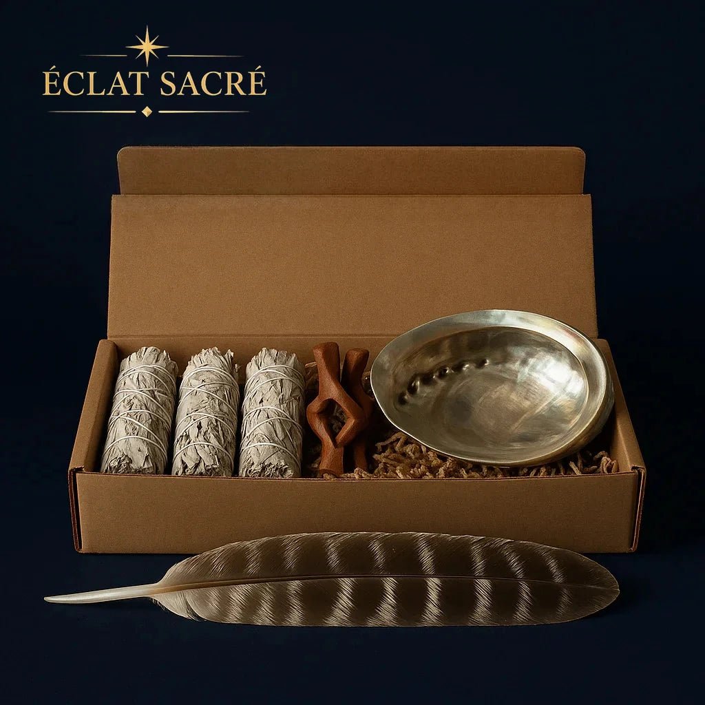 Kit Rituel de Purification - Sauge Blanche, Coquille d’Ormeau & Plume Sacrée - Éclat Sacré