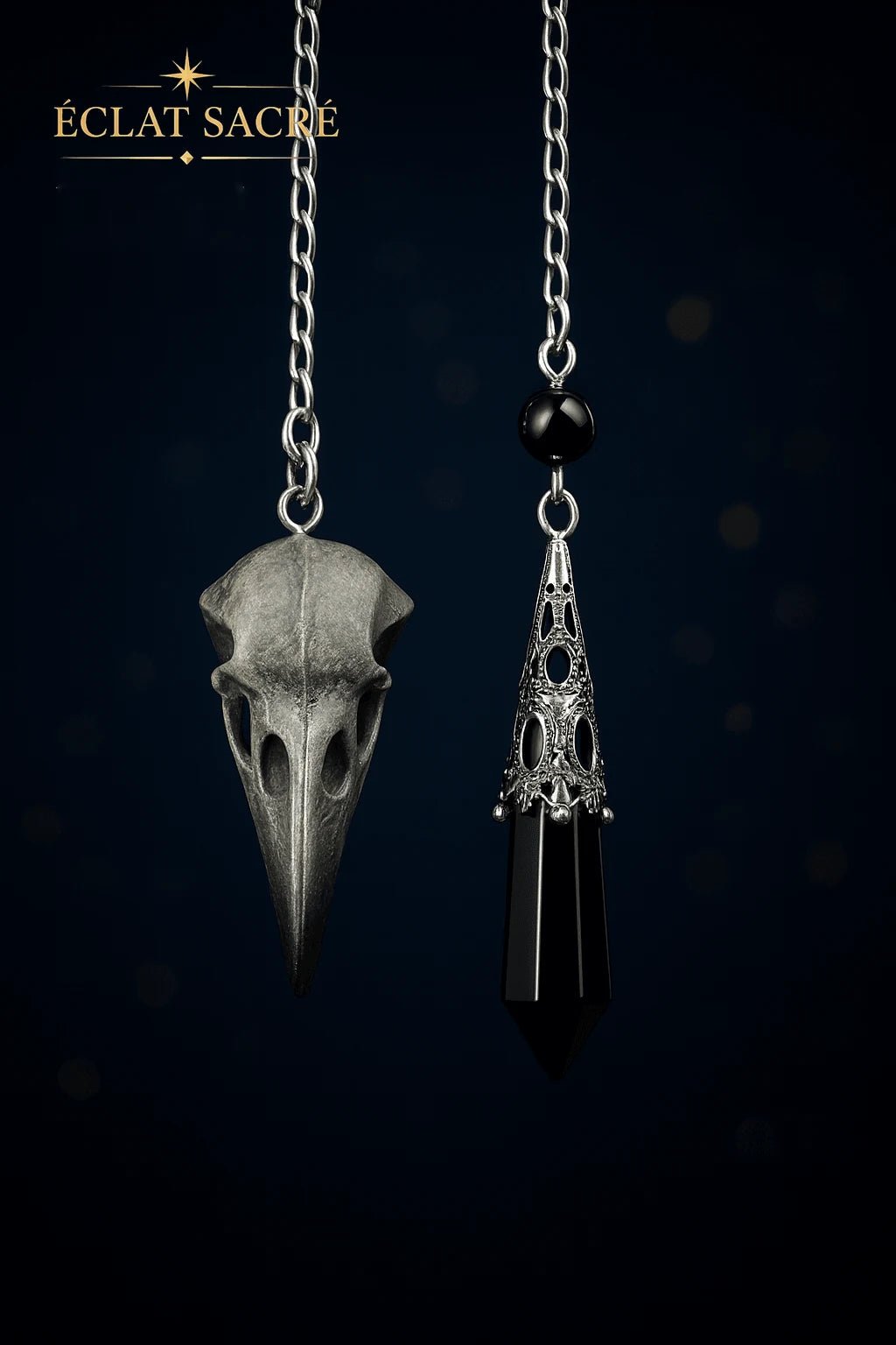 Pendule en obsidienne noire corbeau vintage et chaîne ornée – Éclat Sacré