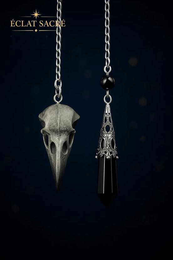 Pendule en obsidienne noire corbeau vintage et chaîne ornée – Éclat Sacré