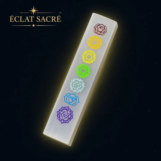 Plaque de sélénite gravée des 7 chakras pour l'équilibre énergétique – Éclat Sacré