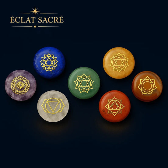 Set de 7 pierres de chakras gravées avec plateau en bois pour le reiki – Éclat Sacré