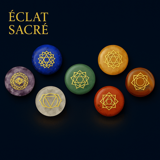 Set 7 Chakras Reiki Gravés avec Plateau Énergétique en Bois - Cristaux Naturels & Méditation - Éclat Sacré