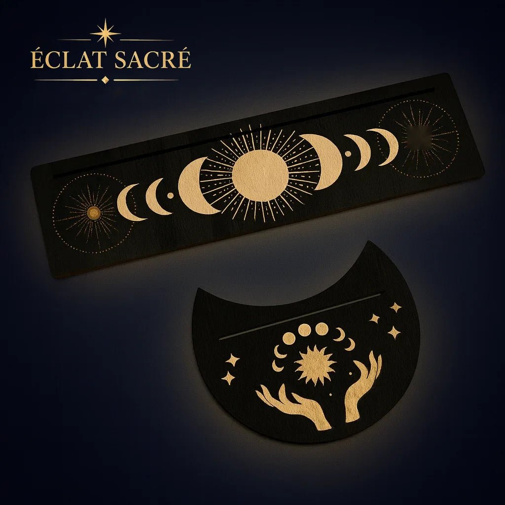 Supports en Bois Gravé Lune & Étoiles - Présentoirs pour Tarot et Oracle - Éclat Sacré