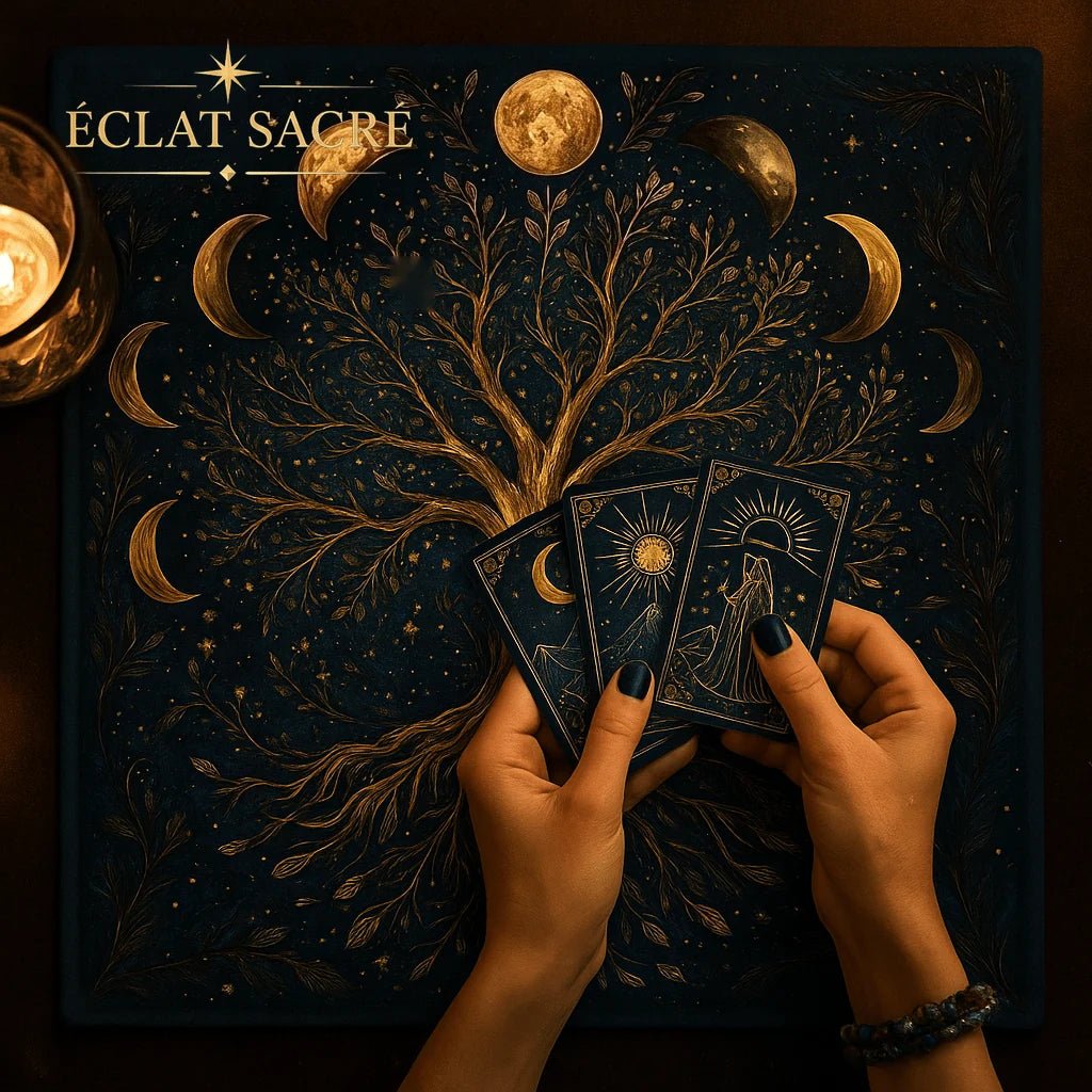 Tapis de tarot en velours motif lune mystique et arbre de vie – Éclat Sacré