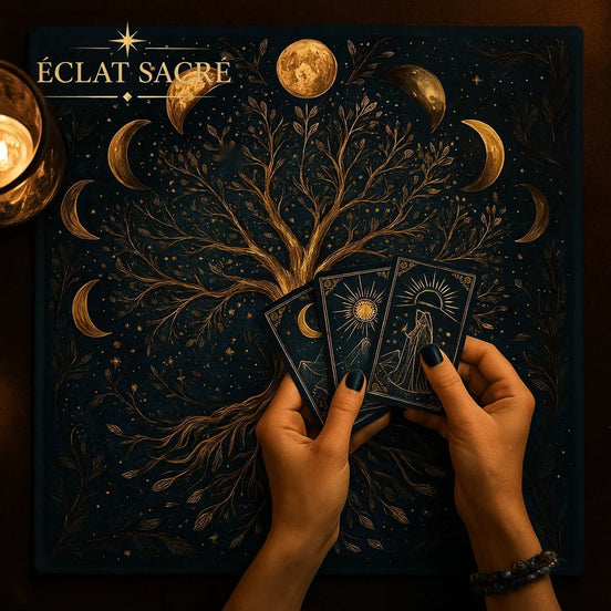 Tapis de tarot en velours motif lune mystique et arbre de vie – Éclat Sacré